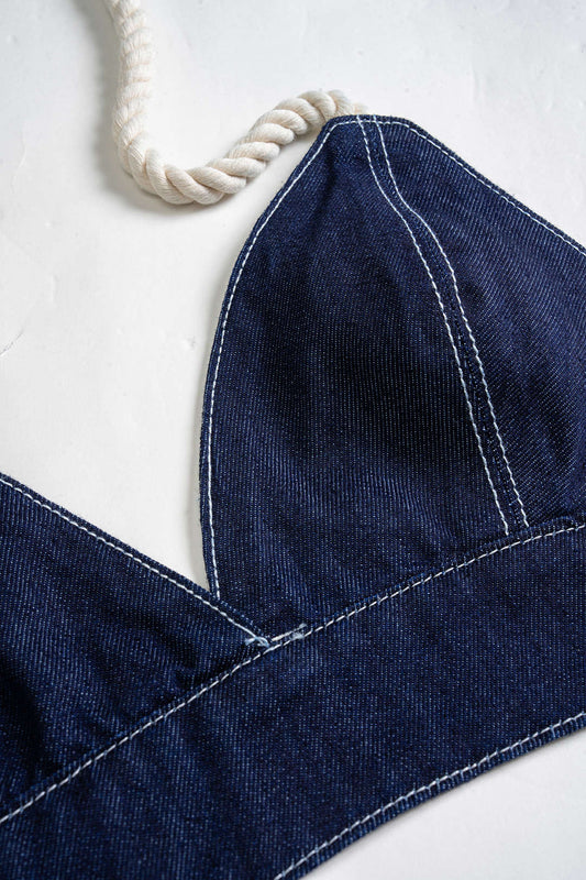 Denim Halter Neck Tie-Up Backless Crop Top
