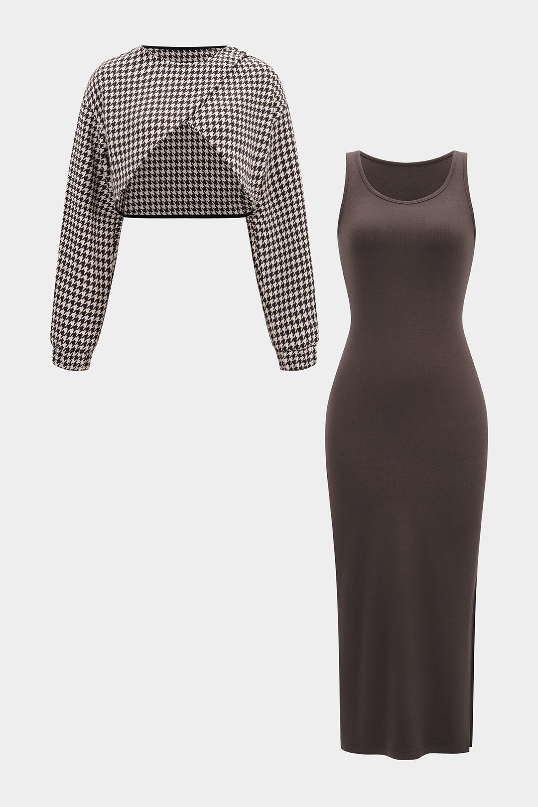 Asymmetrical Long Sleeve Top And Sleeveless Bodycon Dress Set