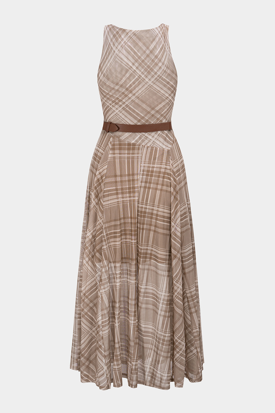 Plaid Print Mesh Twist Knot Round Neck Belted Sleeveless Midi Dress