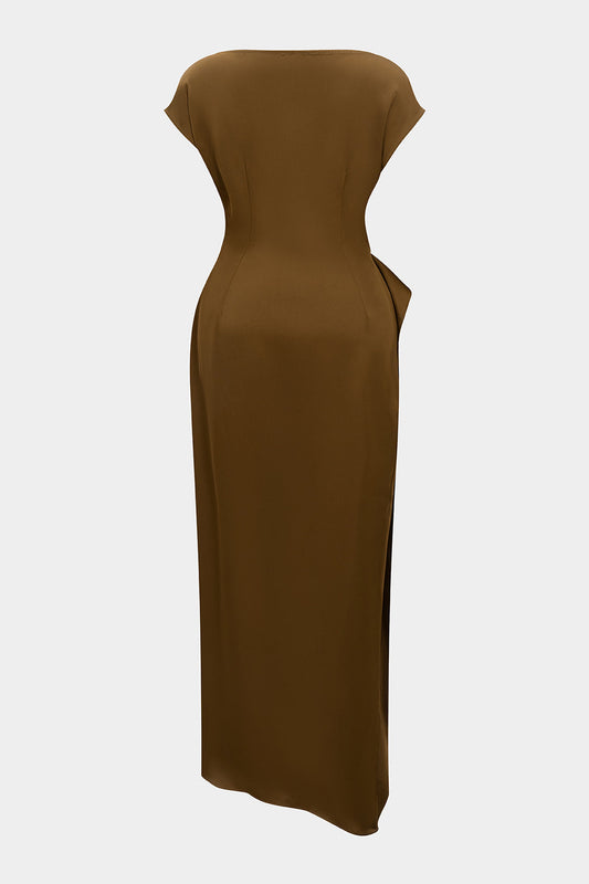 Satin Metallic Ruched Short Sleeve Midi Dress