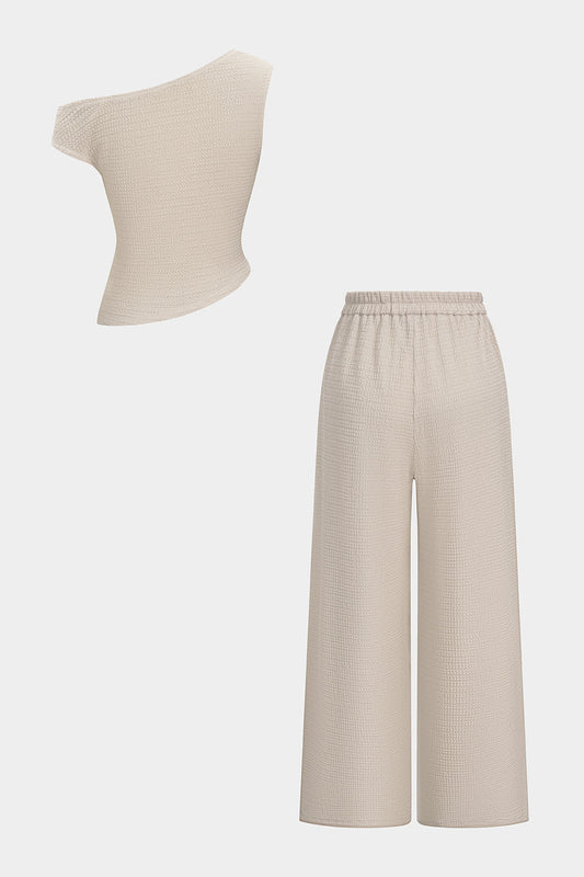 Textured One-Shoulder Ruched Top And Elastic Waistband Wide-Leg Pants Set