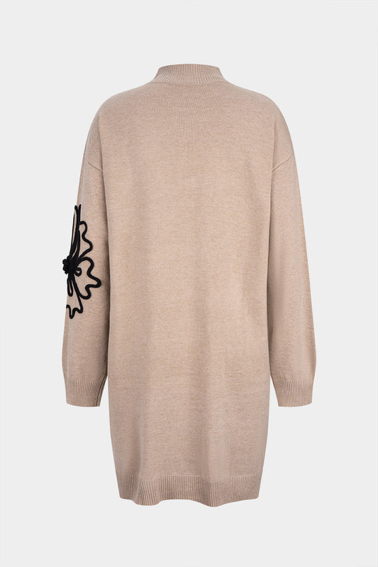 Knit Appliques Mock Neck Long Sleeve Dress