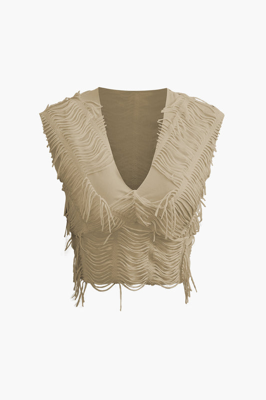 Conjunto de falda larga con abertura y top corto con cuello en V desgastado
