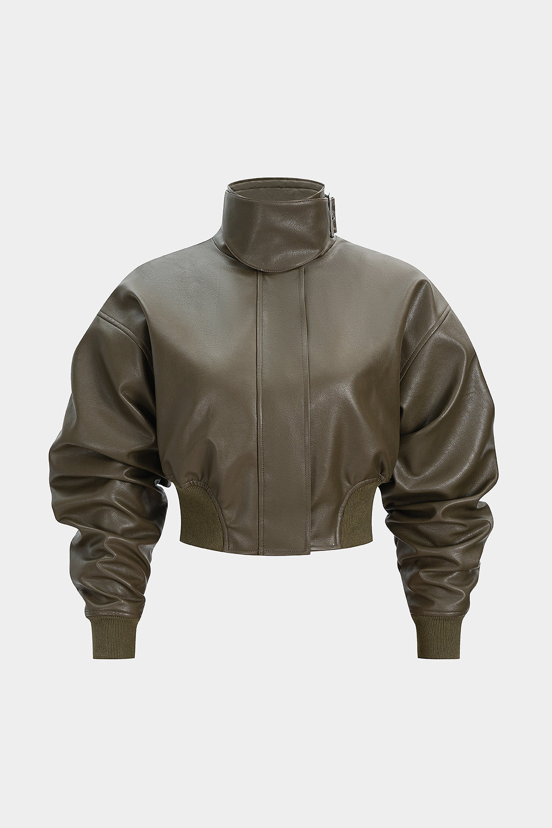 Faux Leather Stand Collar Zipper Jacket