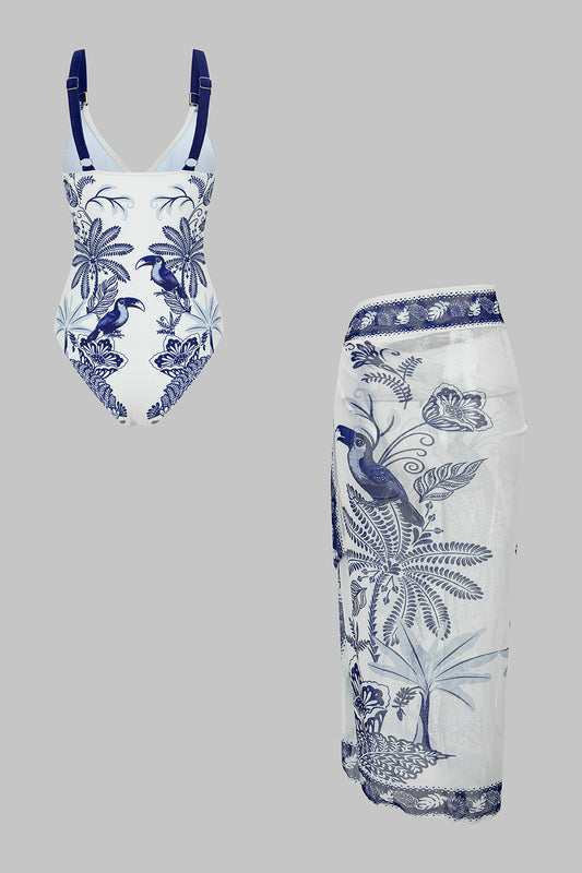 Bird Print Wrap 3-Piece Bikini Set