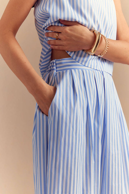 Stripes Print Button Tank Top And Pocket Skirt Set