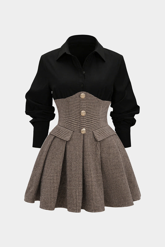 Houndstooth Print Patchwork Pleated High Waist Long-Sleeve Mini Dress