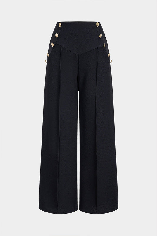 Solid Button High Waist Straight Leg Pants
