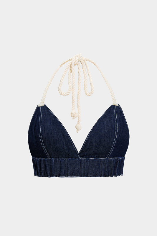 Denim Halter Neck Tie-Up Backless Crop Top
