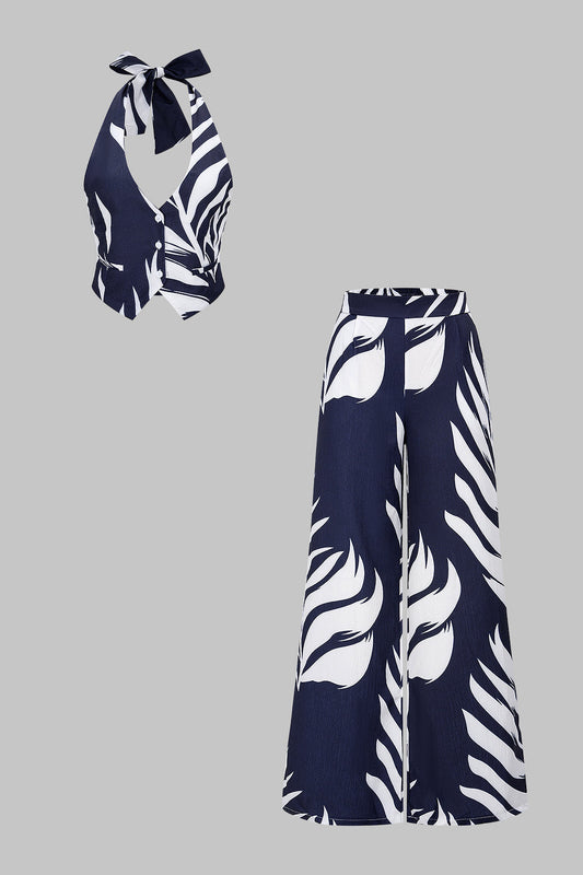 Contrast Leaves Print Halter V-Neck Tie-Up Top And Wide Leg Pants Set