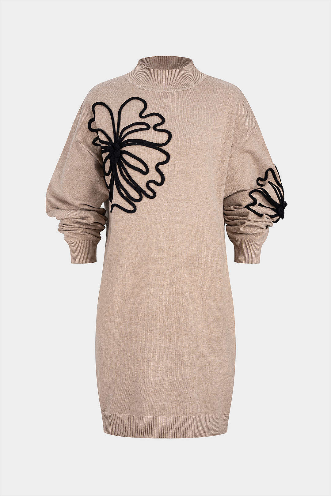 Knit Appliques Mock Neck Long Sleeve Dress