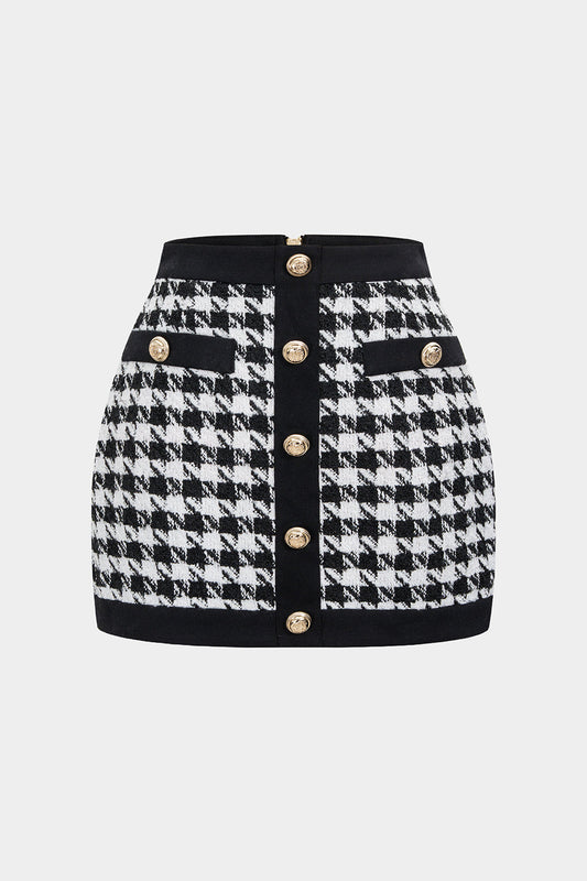 Houndstooth Print Button High Waist Skirt