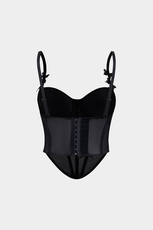 3D Flower Appliques Sheer Mesh Corset Backless Cami Top