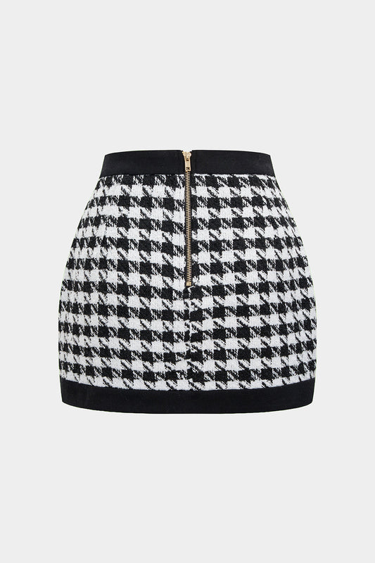 Houndstooth Print Button High Waist Skirt