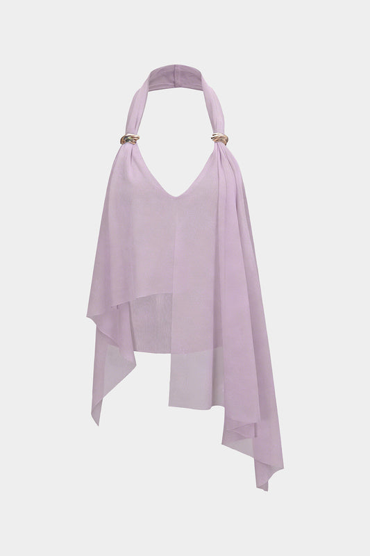 Mesh Halter V-Neck Asymmetrical Backless Ruched Cami Top