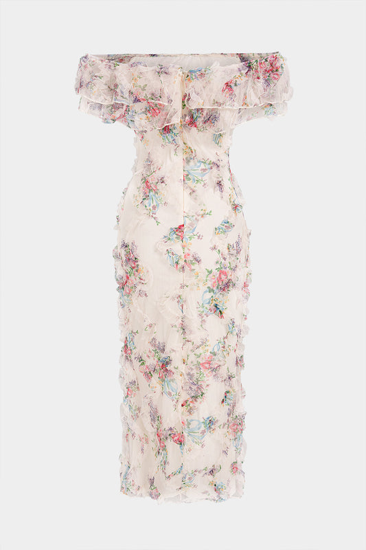Floral Print Chiffon Patchwork Mesh Off Shoulder Ruffle Sleeveless Maxi Dress