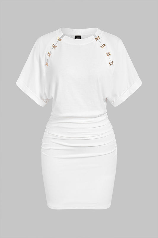 Metallic Round Neck Short Sleeve Mini Dress