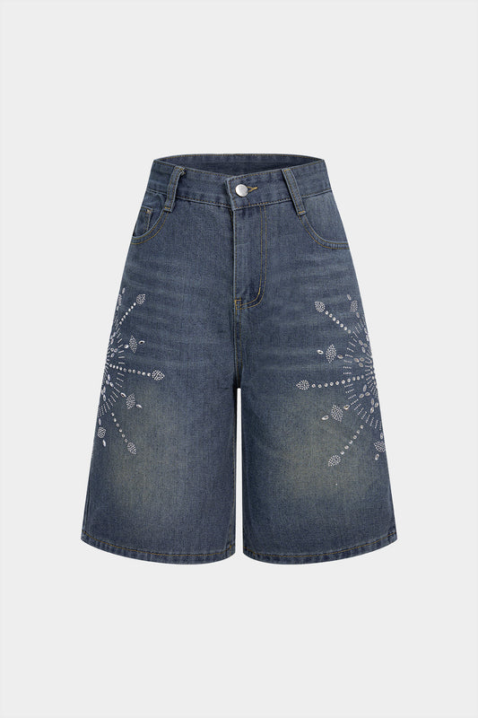 Denim Rhinestone Decor Wide Leg Shorts