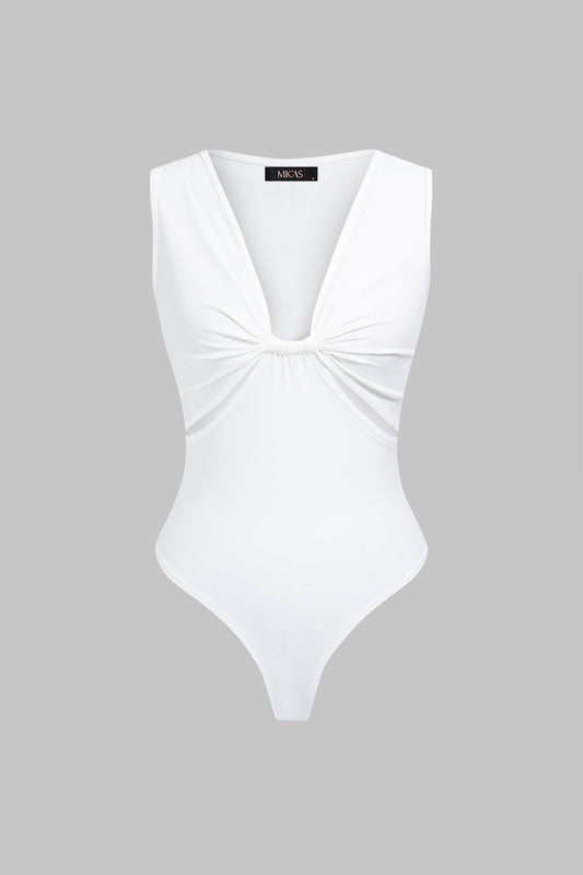 Solid V-Neck Cut Out Ruched Sleeveless Bodysuit