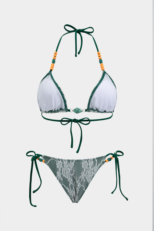 Lace Patchwork Tie Front Beaded Bikini Set