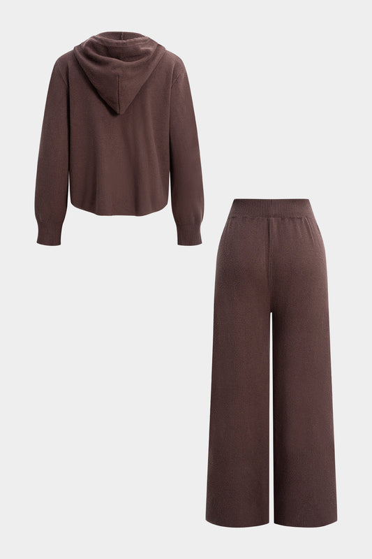 Knit Zipper Hooded Sweater Caedigan And Wide Leg Pants Set