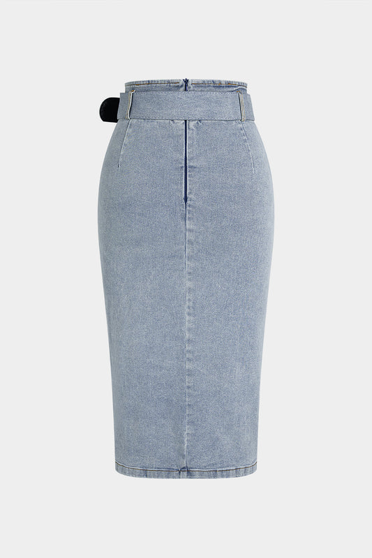 Denim Belted Button High Waist Skirt
