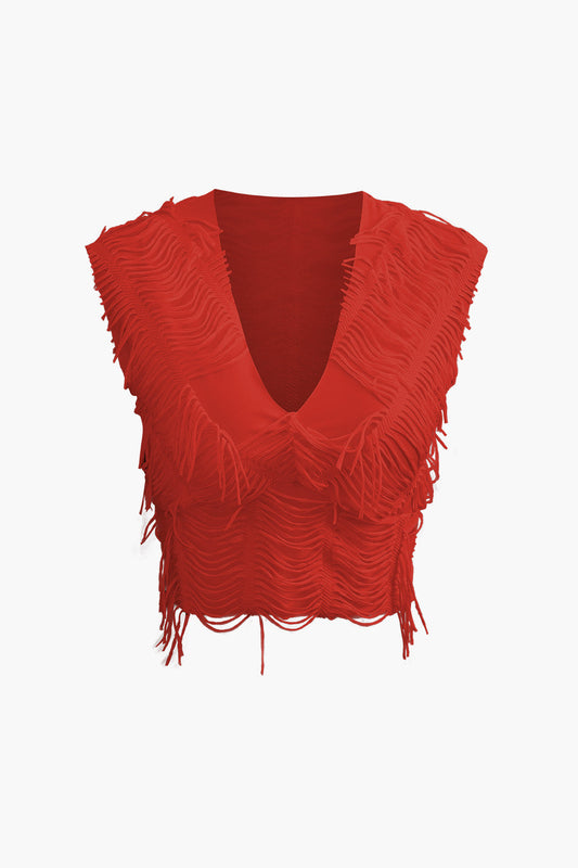 Conjunto de falda larga con abertura y top corto con cuello en V desgastado