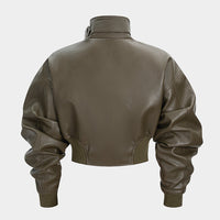 Faux Leather Stand Collar Zipper Jacket