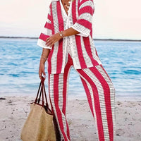Loose V-Neck Fashion Hollow Out Striped Shirt Wide Leg Pants Set