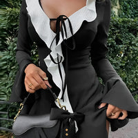 Contrast Ruffle Neck Bell Sleeve Tie Front Mini Dress