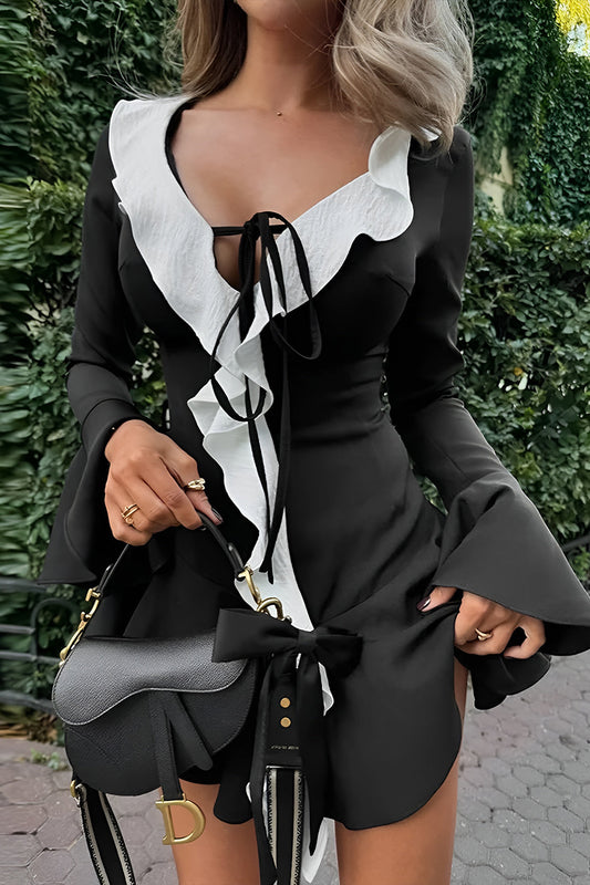 Contrast Ruffle Neck Bell Sleeve Tie Front Mini Dress