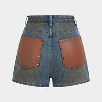 Denim Patchwork Faux Leather Pocket Wide Leg Shorts