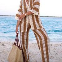 Loose V-Neck Fashion Hollow Out Striped Shirt Wide Leg Pants Set
