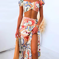 Wrap Summer Skirt And Printed Top Two-Piece Suit