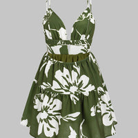 Leaves Print V-Neck Slip Sleeveless Mini Dress