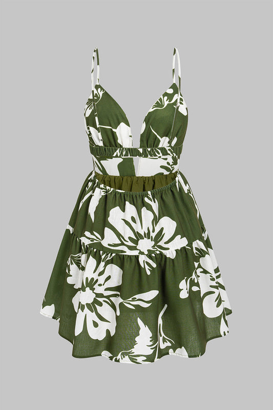 Leaves Print V-Neck Slip Sleeveless Mini Dress