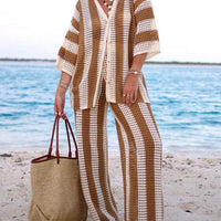 Loose V-Neck Fashion Hollow Out Striped Shirt Wide Leg Pants Set