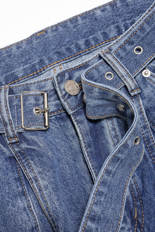 Denim Belted Straight Leg Jeans