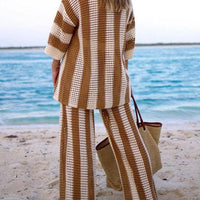 Loose V-Neck Fashion Hollow Out Striped Shirt Wide Leg Pants Set
