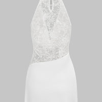 Patchwork Lace Halter Draped Cowl Neck Asymmetrical Sleeveless Mini Dress