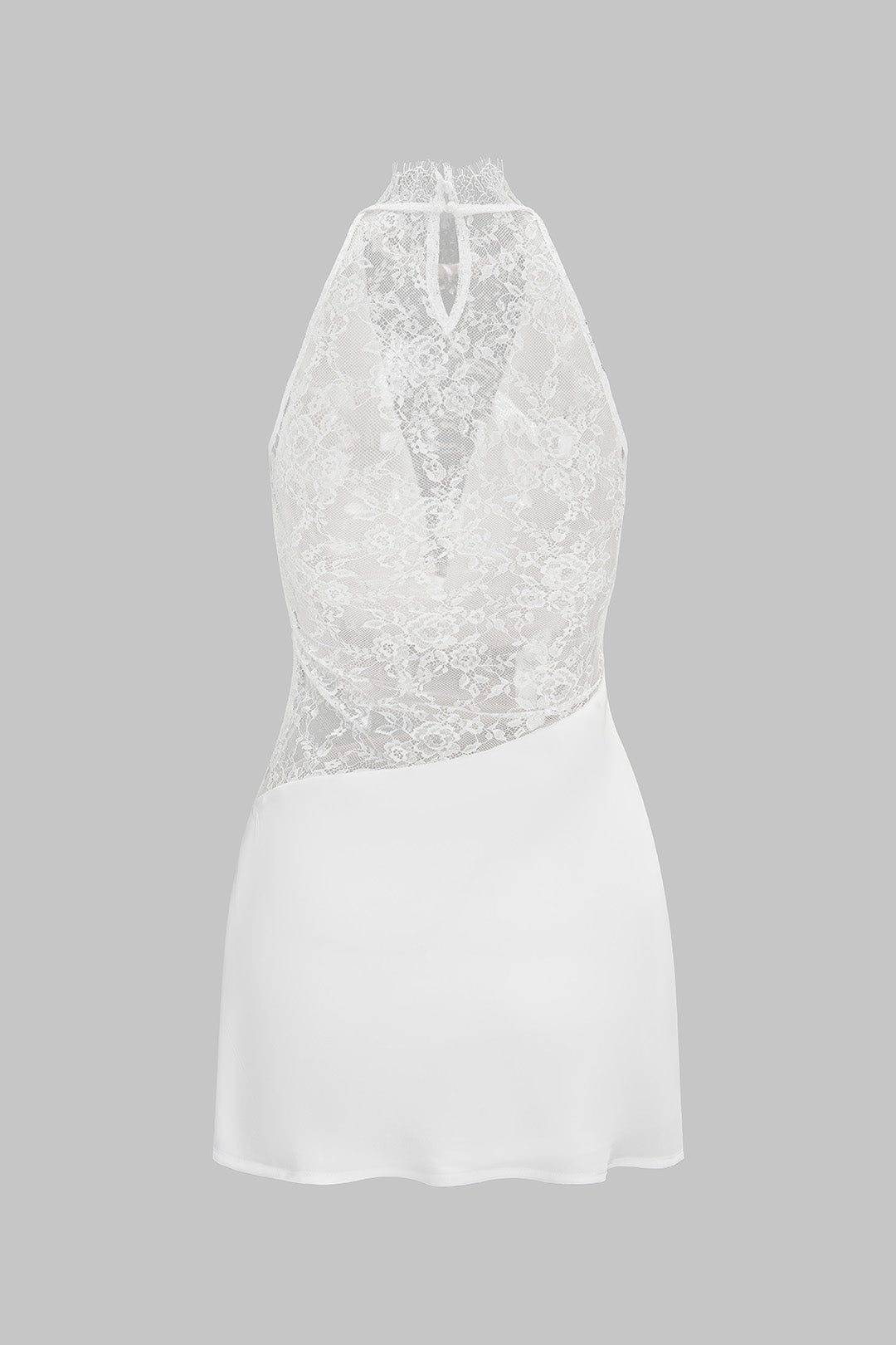 Patchwork Lace Halter Draped Cowl Neck Asymmetrical Sleeveless Mini Dress
