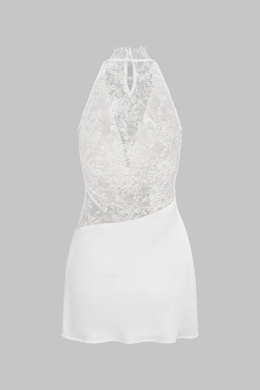 Patchwork Lace Halter Draped Cowl Neck Asymmetrical Sleeveless Mini Dress