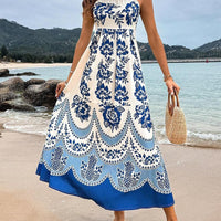Ethnic Floral Print Back Smocked Loose Midi Dress