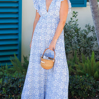 Blue Medallion V-Neck Flutter Sleeve Maxi Dress