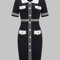 Knit Contrast Lapel Button Short Sleeve Dress