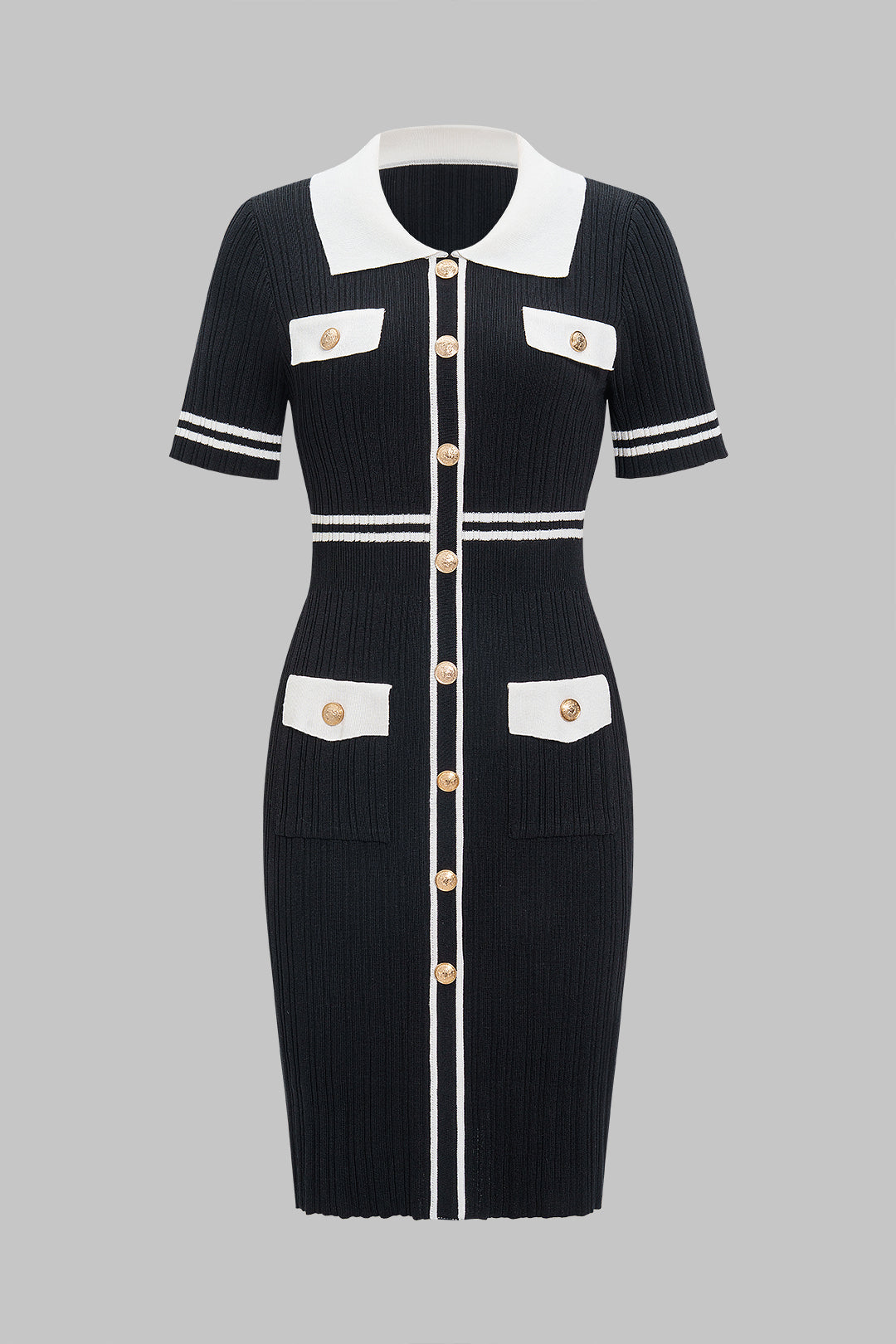 Knit Contrast Lapel Button Short Sleeve Dress