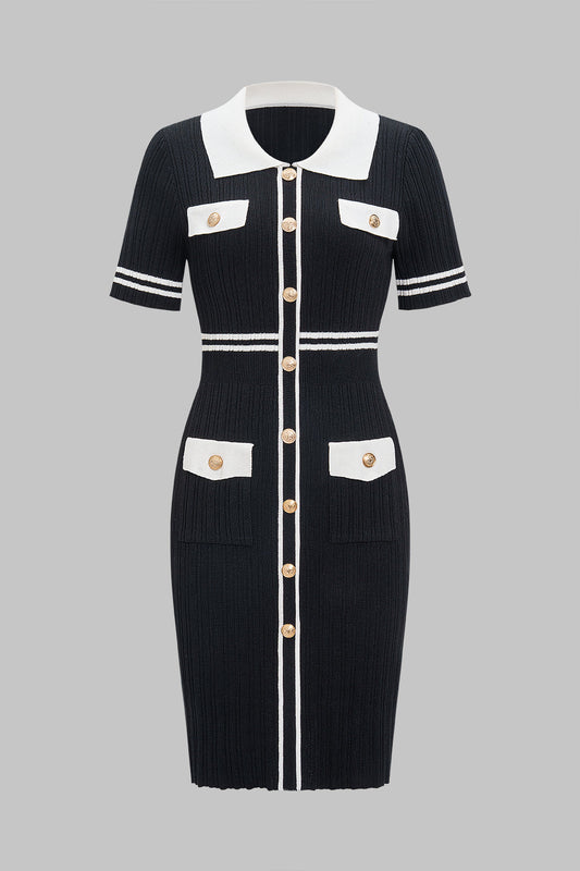 Knit Contrast Lapel Button Short Sleeve Dress