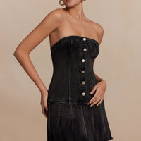Denim Pleated Strapless Mini Dress