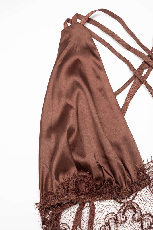 Stain Patchwork Sheer Lace V-Neck Crosssed Backless Maxi Dress