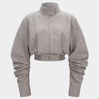 High Neck Ruched Shirred Zipper Cropped Jacket